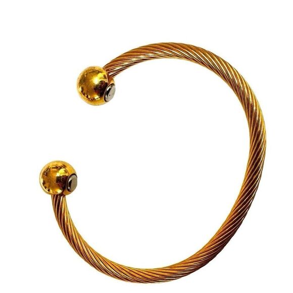 Gold tone twisted magnetic open bangle bracelet - Picture 7 of 7